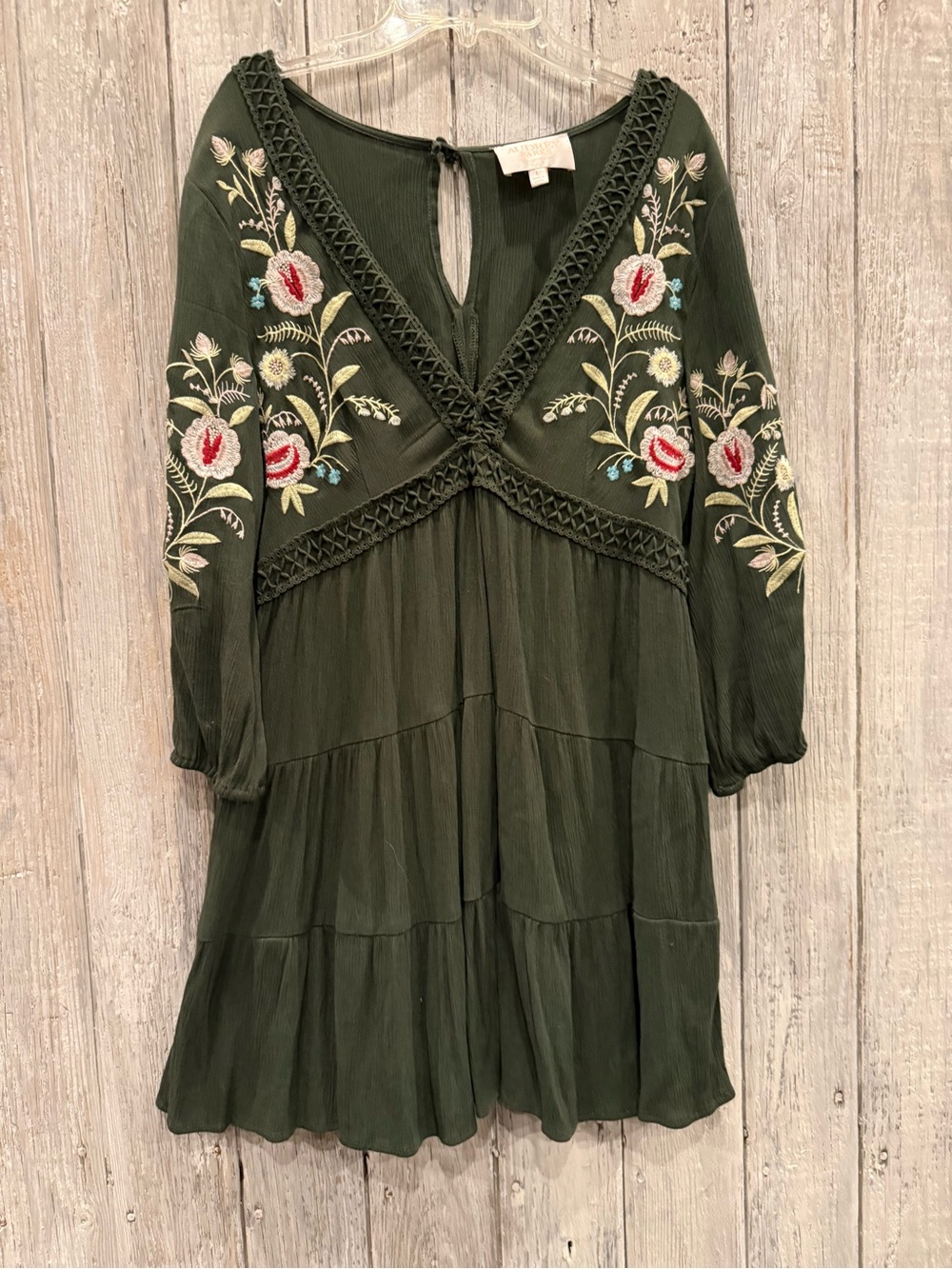 Olive Green Embroidered V-Neck Tiered Mini Dress